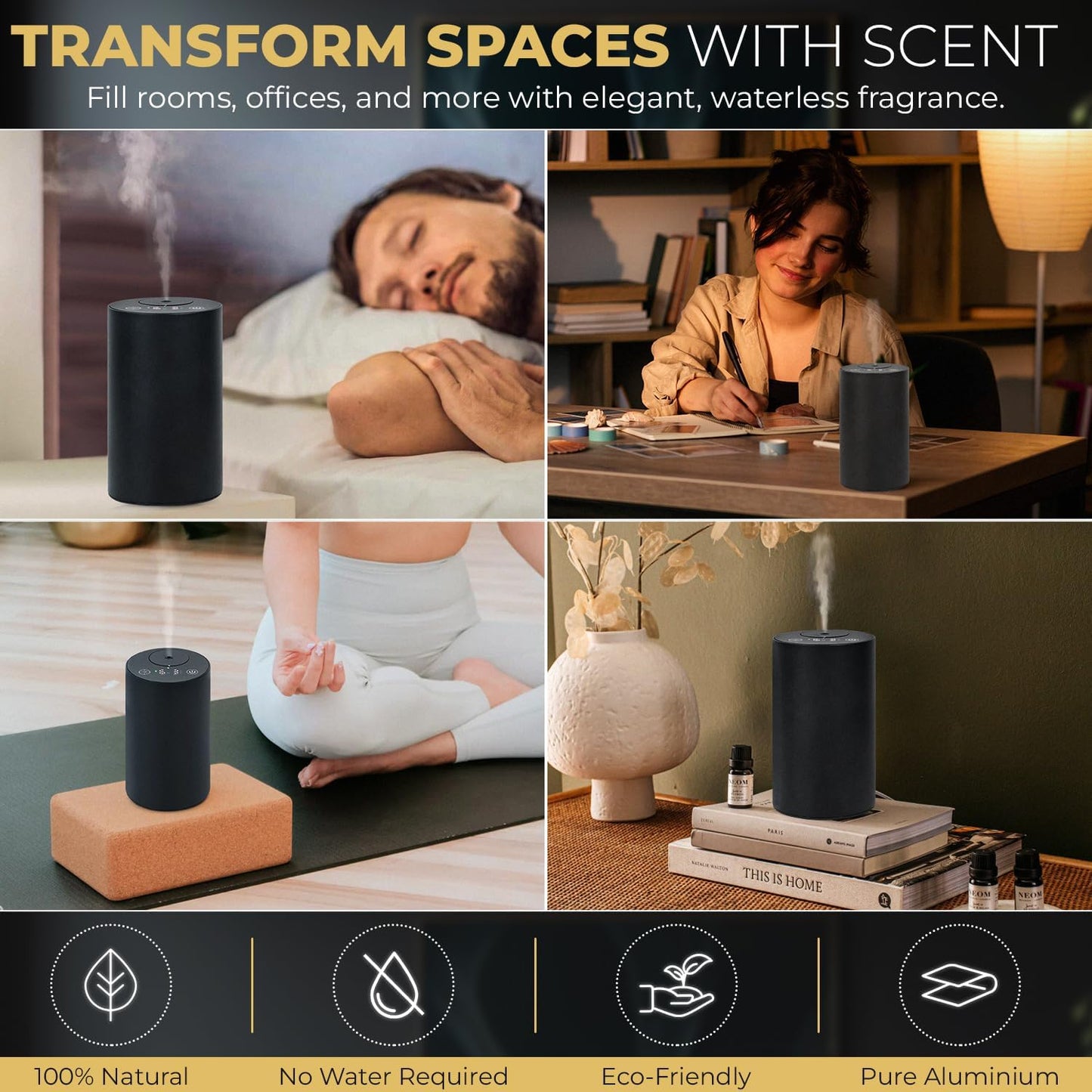 Waterless Essential Oil Diffuser – Aromatherapy Scent Diffusers for Home, Office, Hotel, Bedroom – Modern and Elegant Mini Fragrance Diffuser – Cordless and Portable with Digital Display(Grey)