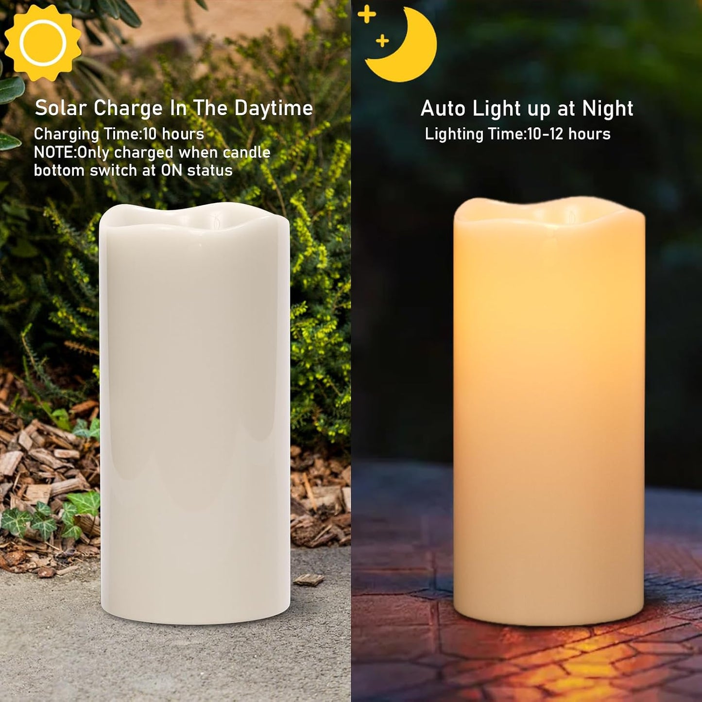 Large Solar Flameless Candles Outdoor Waterproof Dusk to Dawn Solar Rechargeable Battery LED Flickering Pillar Candles for Patio Porch Garden Lantern Decor(2 Pack, 4" D x 8", 10" H)