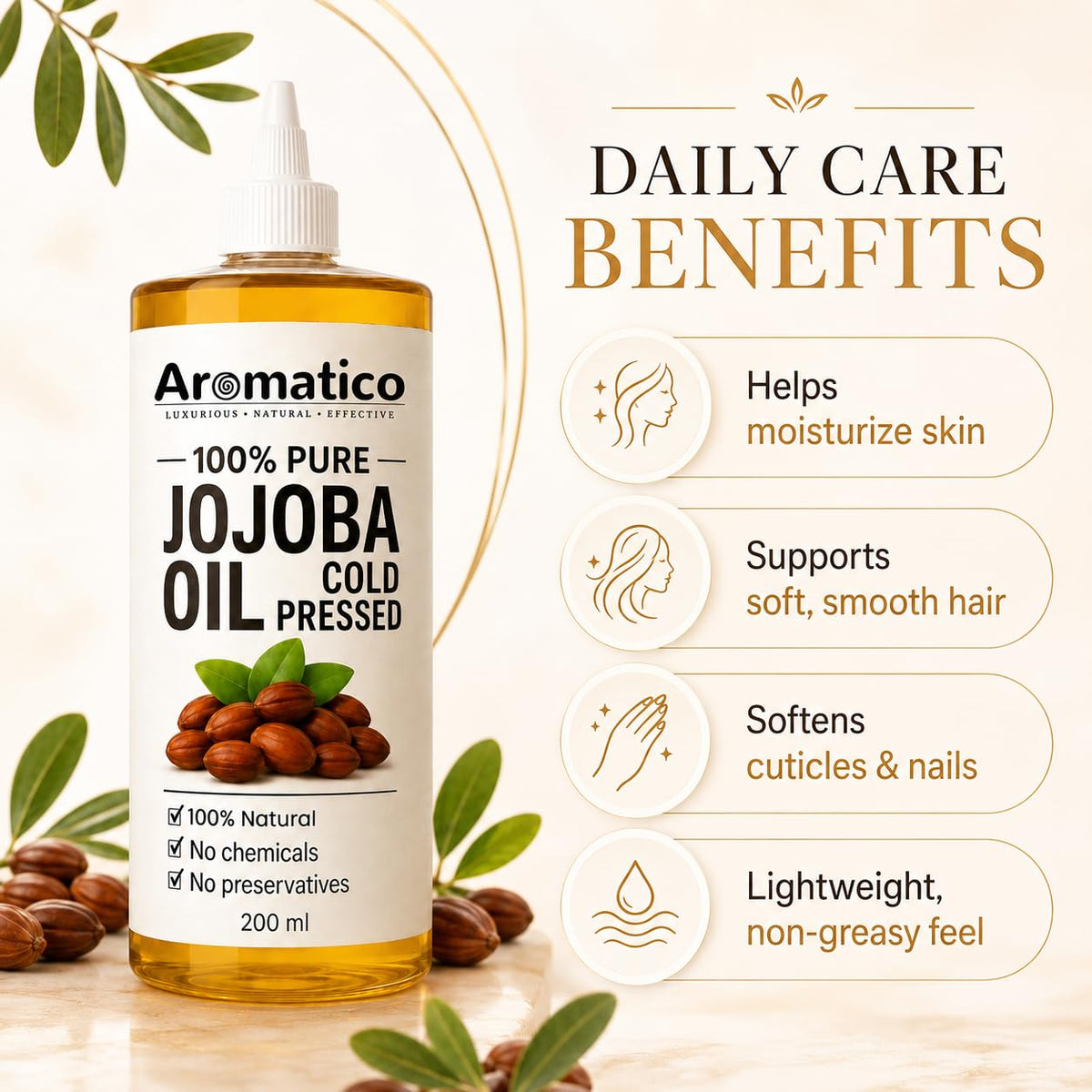 Aromatico Jojoba Oil, Cold Pressed Oil for Hair, Skin &amp; Nails, 7 Fl Oz