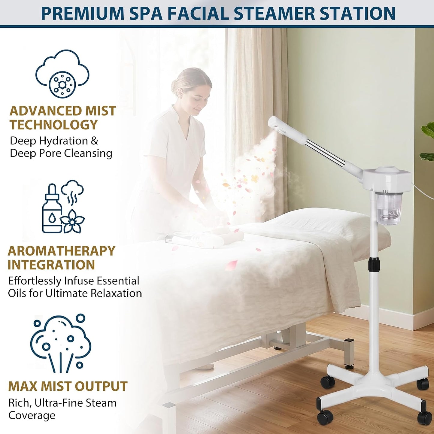 Professional Ionic Ozone Facial Steamer on Wheels, Standing Hot Mist Face Steamer with Microdermabrasion, Rolling Esthetician Spa Machine for Beauty Salon & Home Deep Skin Pore Cleansing