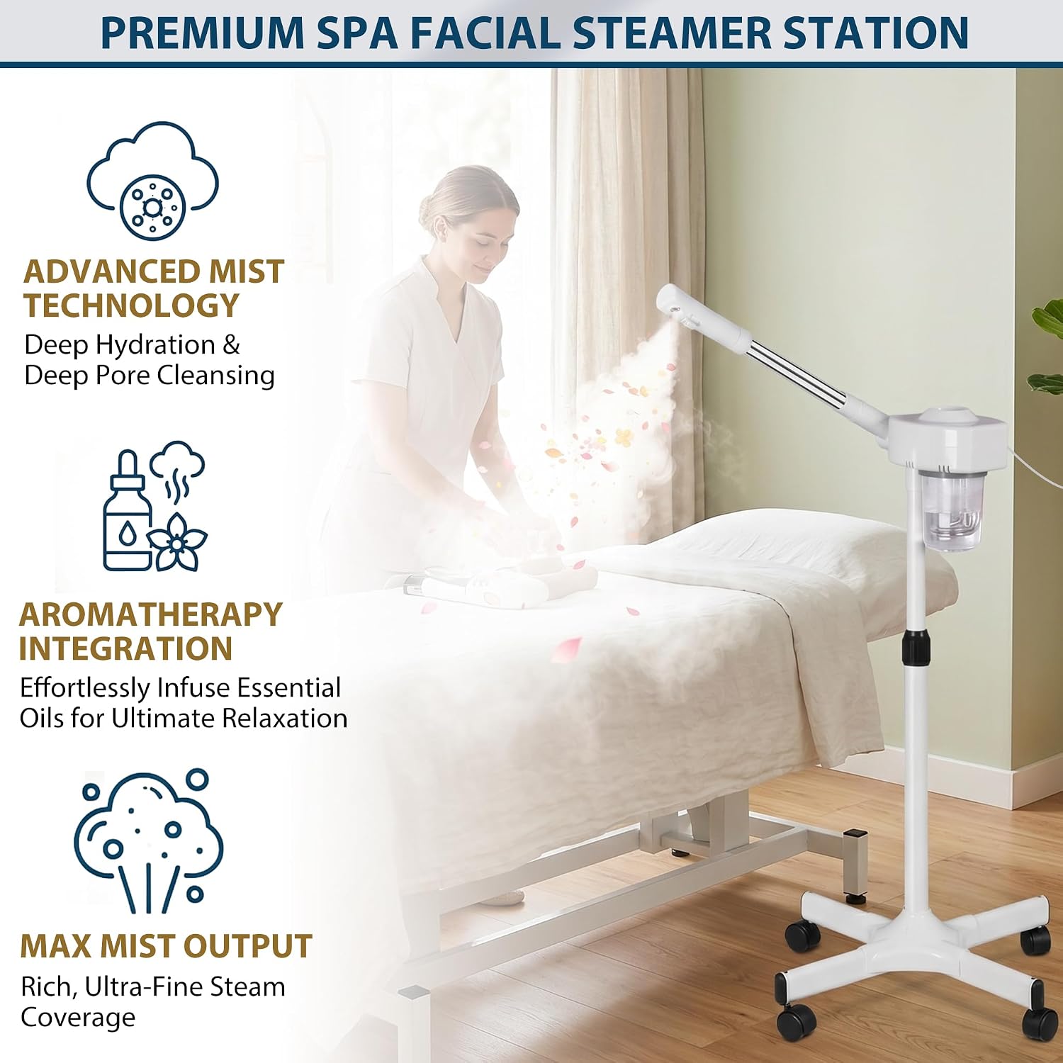 Professional Ionic Ozone Facial Steamer on Wheels, Standing Hot Mist Face Steamer with Microdermabrasion, Rolling Esthetician Spa Machine for Beauty Salon & Home Deep Skin Pore Cleansing