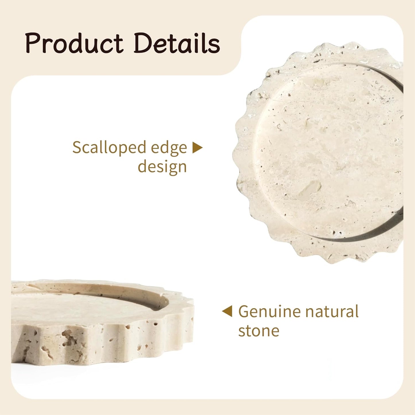5.5 Inch Small Scallop Edge Tray, Hand-Carved Natural Stone Jewelry Holder, Travertine & Marble Vanity Tray for Rings, Candles, or Keys (Travertine)