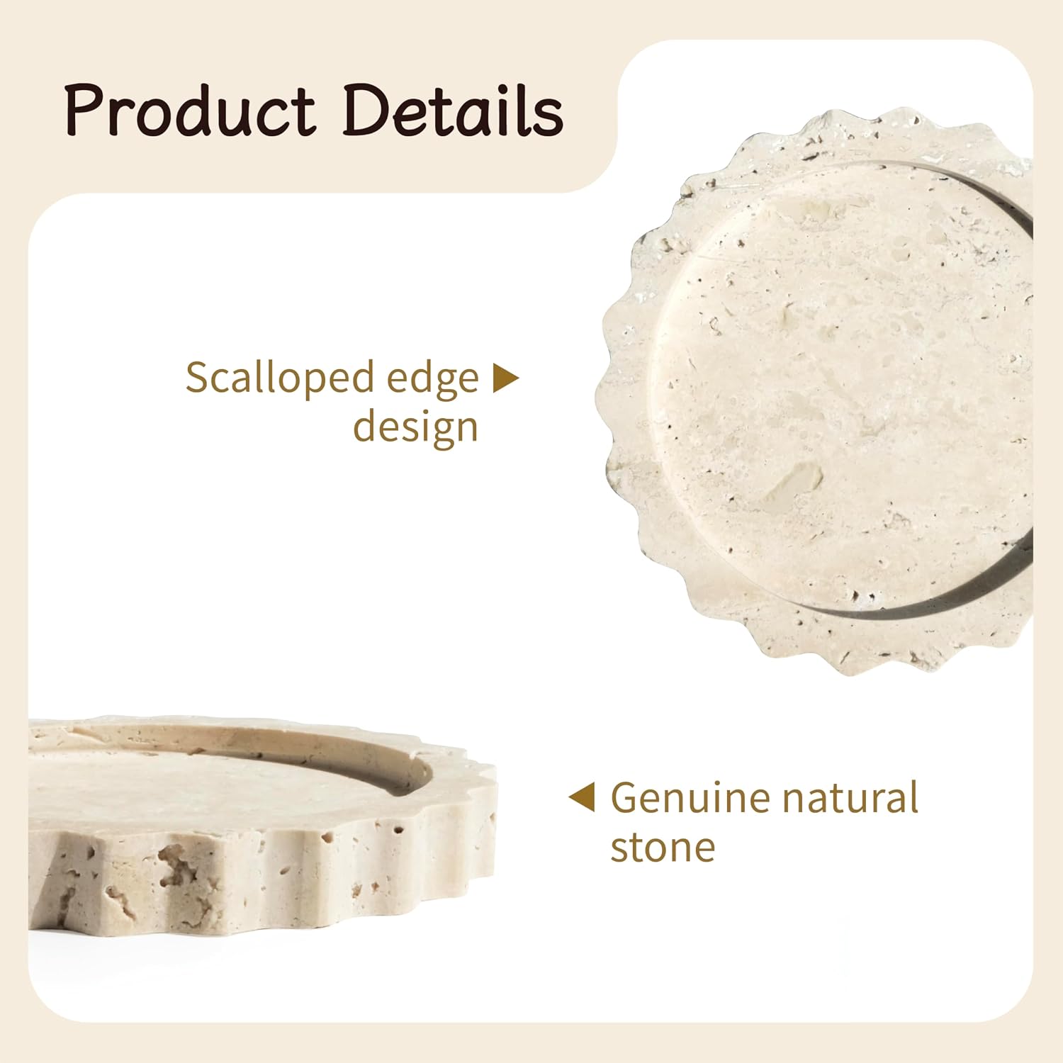 5.5 Inch Small Scallop Edge Tray, Hand-Carved Natural Stone Jewelry Holder, Travertine & Marble Vanity Tray for Rings, Candles, or Keys (Travertine)