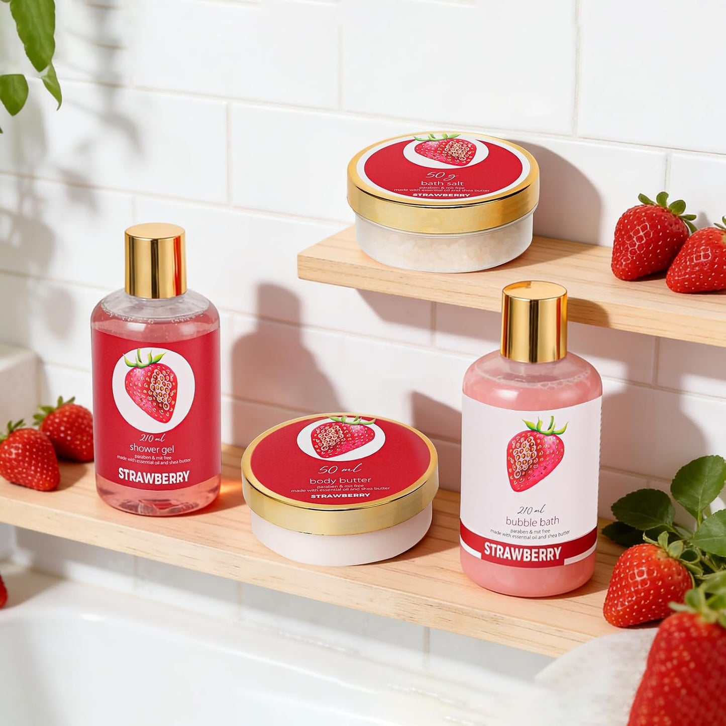 Mothers Day Gifts for Women, Strawberry Bliss 9 Pcs Bath Gift Set for Women - Moisturizing Skin Care Set with Body Butter | Self Care Kit for Birthday, Valentines Day, Christmas Gift in Premium Box