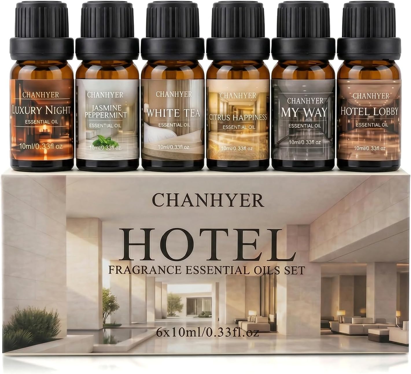 Hotel Collection Essential Oils for Diffusers for Home-6x10ml Luxury Scented Oil Set with Luxury Night,Jasmine Peppermint,White Tea,Citrus Happiness,My Way,Hotel Lobby,Gift for Women and Men