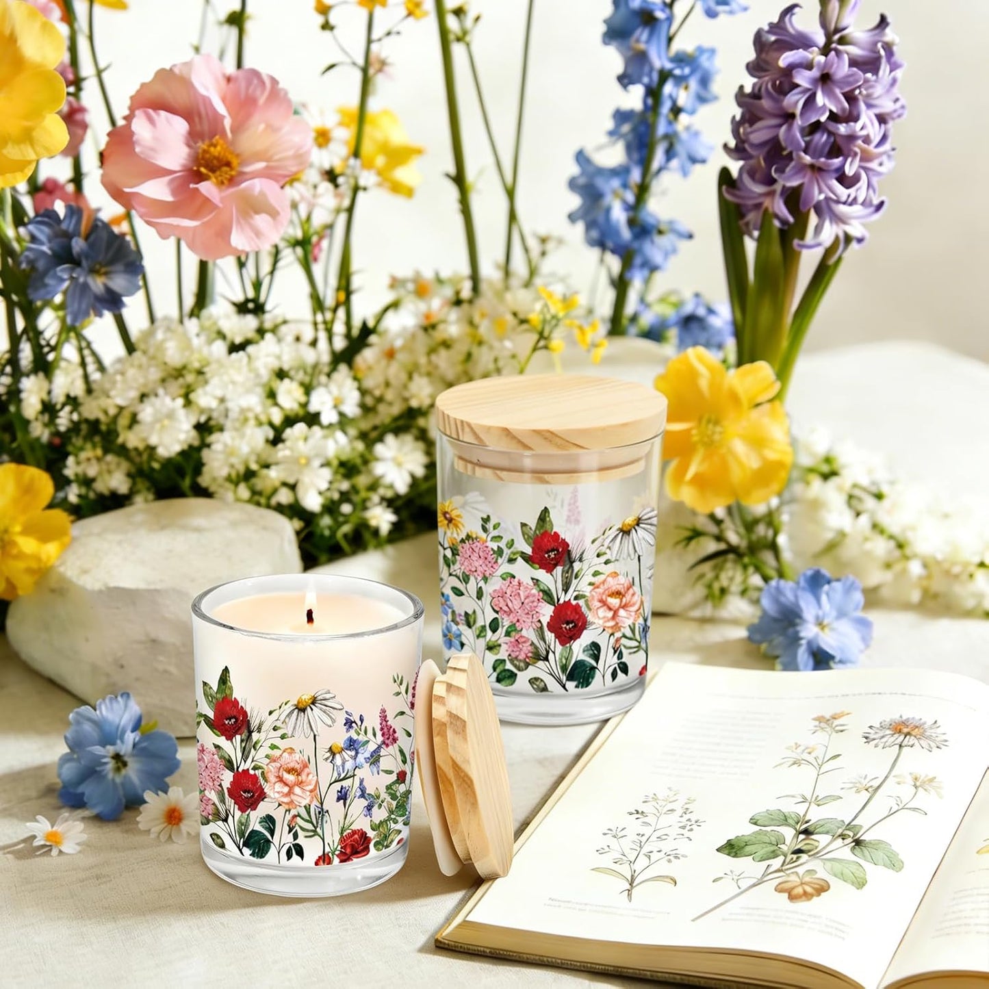 Whaline 12Pcs Wildflower Empty Candle Jar with Wooden Lid 7 oz Spring Floral Glass Candle Container for Candles Making Storing Kitchen Table Centerpiece Decoration