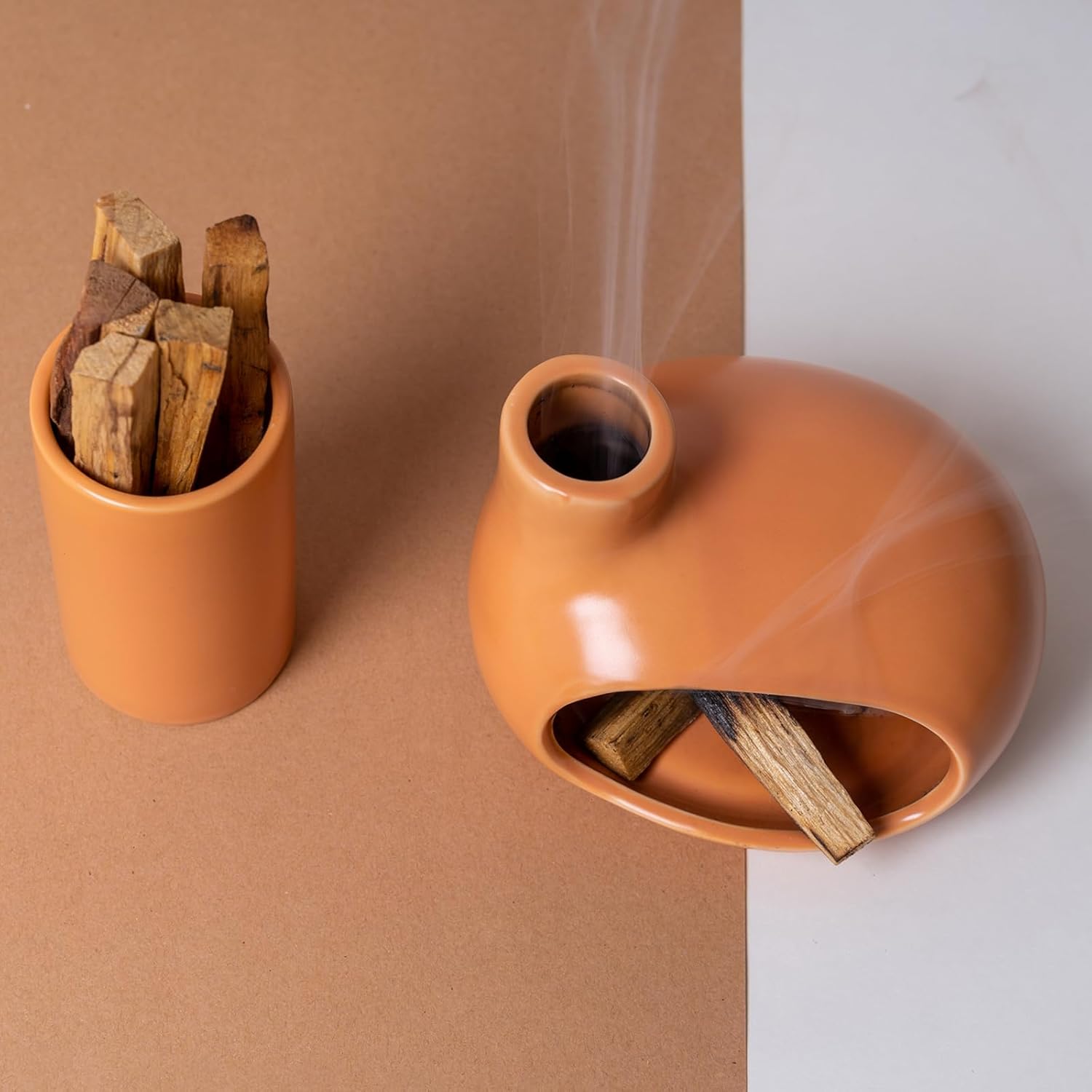 MOUGIGI Palo Santo Holder Set with 3 Matchstick Holders - Modern Handcrafted Ceramic Incense Burner with Chiminea, Perfect for Meditation - Smudge Bowl for Palo Santo Sticks, Sage, and Cones.