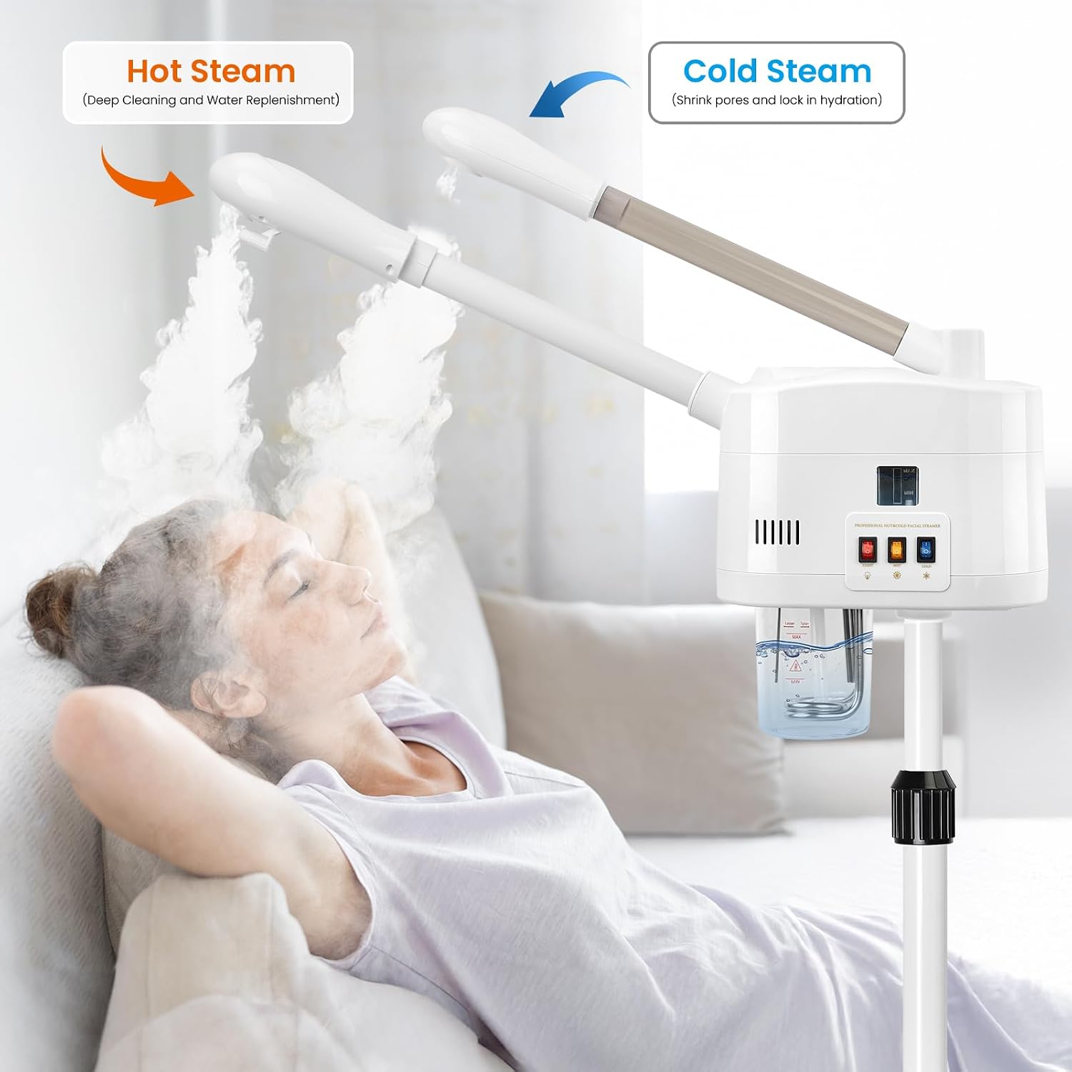 2 in 1 Hot & Cold Mist Facial Steamer, Professional Face Steamer on Wheels for Beauty Salon, Spa and Home Use