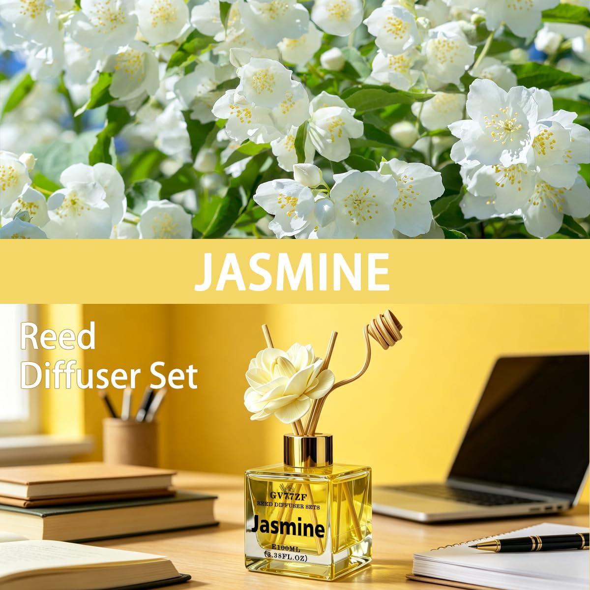 Jasmine Reed Diffuser – 3.38 oz Glass Bottle with Rattan Sticks & Dried Flowers, Fresh White Floral Scent for Home, Adjustable Intensity Aroma Gift for Women, Housewarming, Mom