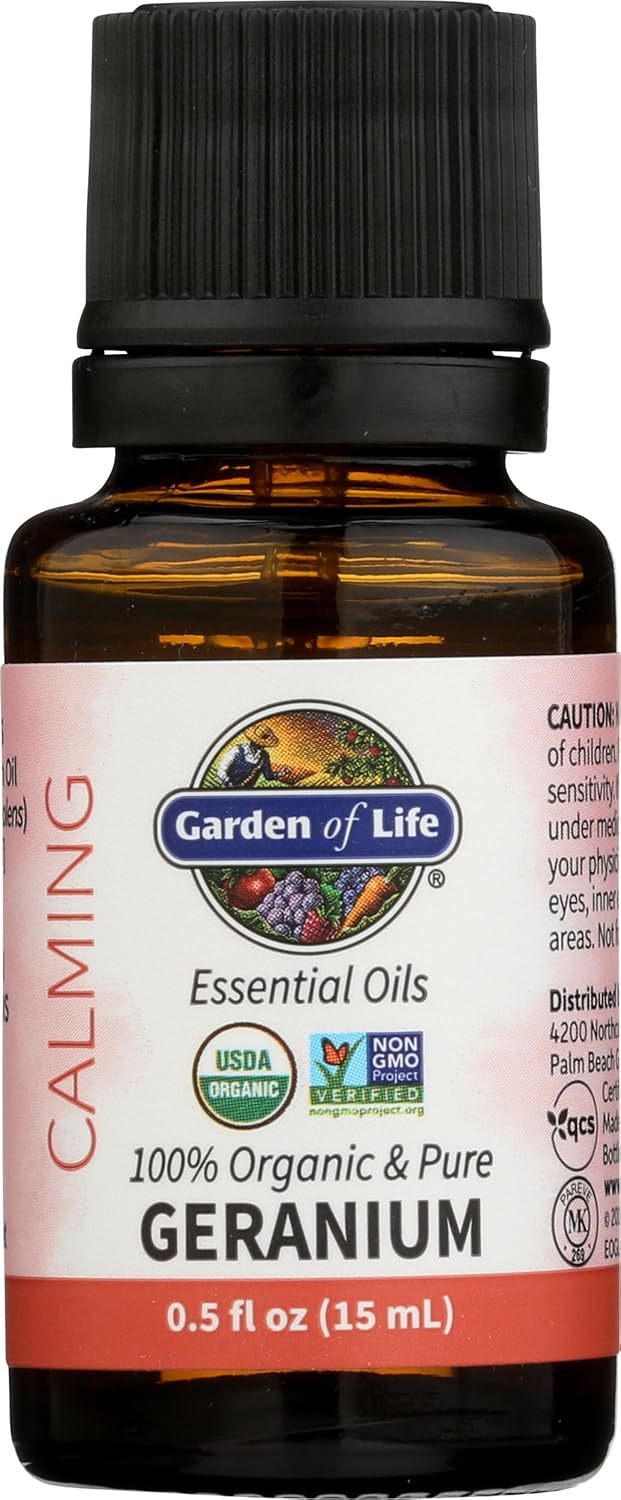 Garden of Life Essential Oil, Geranium 0.5 fl oz (15 mL), 100% USDA Organic & Pure, Clean, Undiluted & Non-GMO, for Diffuser, Aromatherapy, Meditation - Balance, Relaxation, Calming, Floral, Aromatic