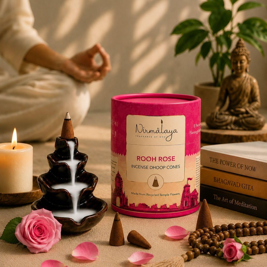 Nirmalaya Premium Rose Backflow Incense Dhoop Cones | 60 Bambooless Incense Cones | Made from Sacred Temple Flowers | Charcoal Free | 25 Min Burn Time