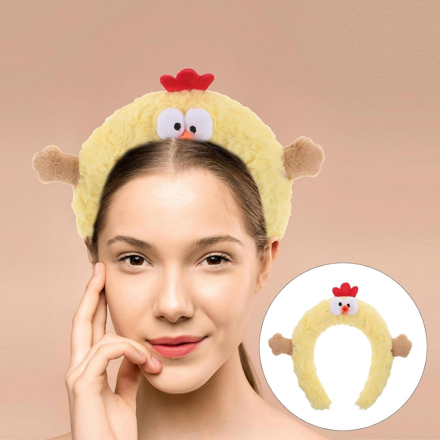 Beavorty Funny Chicken Plush Headband for Makeup Skincare and Face Washing Cute Cartoon Chick Hair Accessory for Spa Days and Photo Props