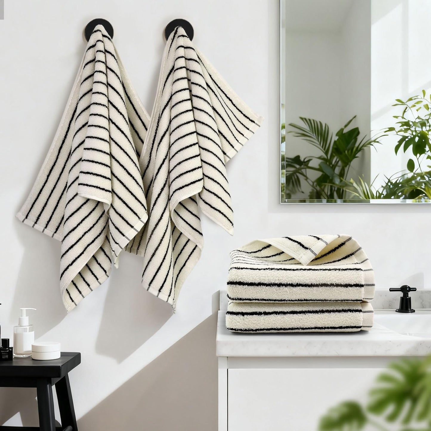 Jacquotha Hand Towels 4 Pack, Cotton Face Towels for Bathroom & Spa Days, Decorative Black Stripes for Kitchen Decor, 14” x 29”