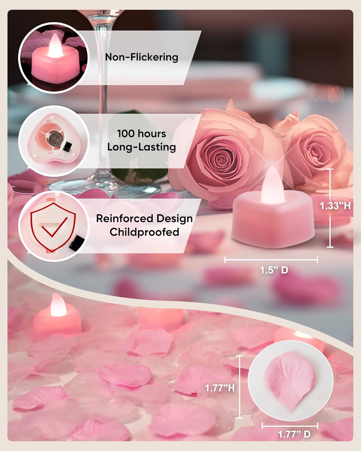 Amagic 4000 Pieces Pink Artificial Rose Petals with 50 Pink Heart LED Tea Lights, Rose Petals and Candles Set for Proposal, Anniversary, Romantic Night, Wedding Decor