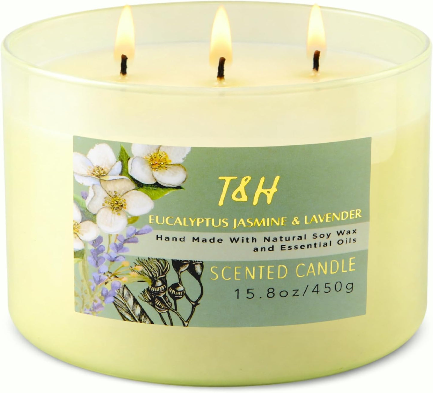Eucalyptus Jasmine Lavender Scented Candle | 3-Wick Large Soy Candle for Home, 15.8 oz | Eucalyptus & Lavender Aromatherapy Candle | Self Care Gifts for Women, Candles for Men