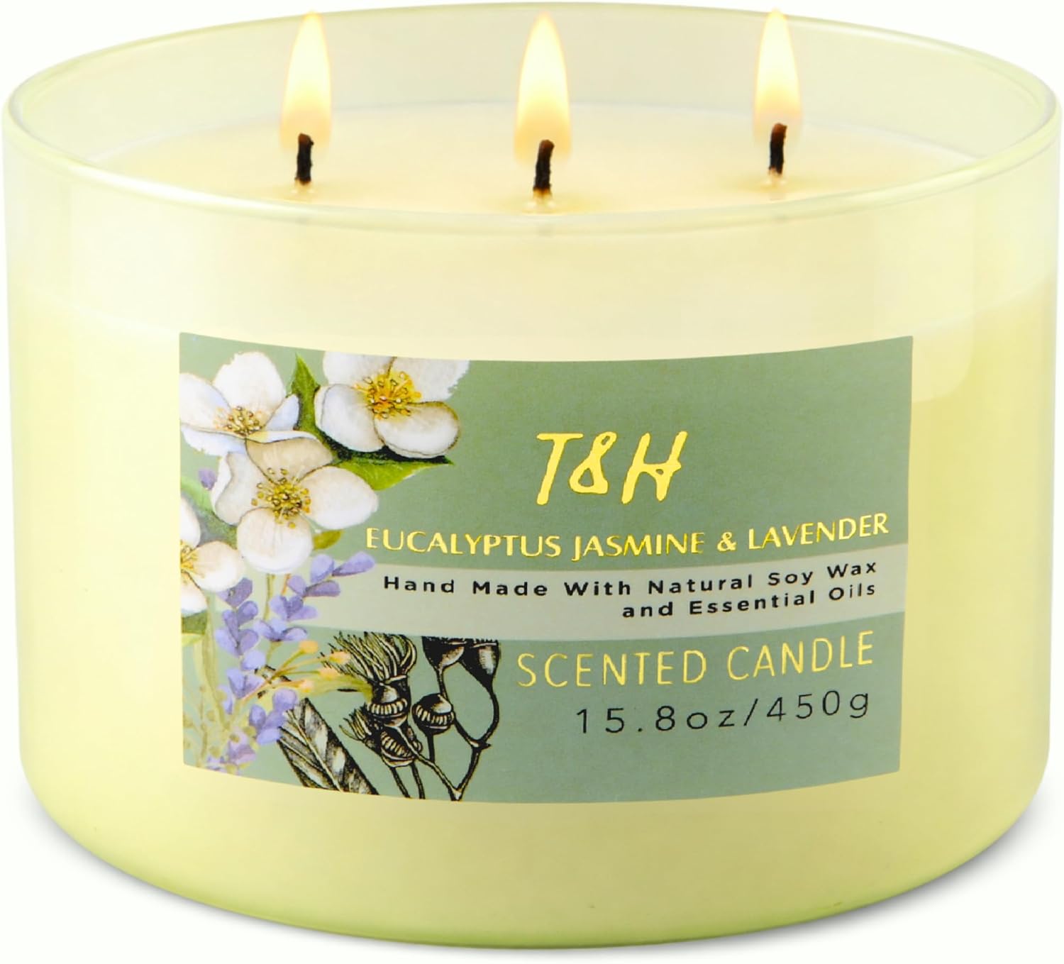 Eucalyptus Jasmine Lavender Scented Candle | 3-Wick Large Soy Candle for Home, 15.8 oz | Eucalyptus & Lavender Aromatherapy Candle | Self Care Gifts for Women, Candles for Men