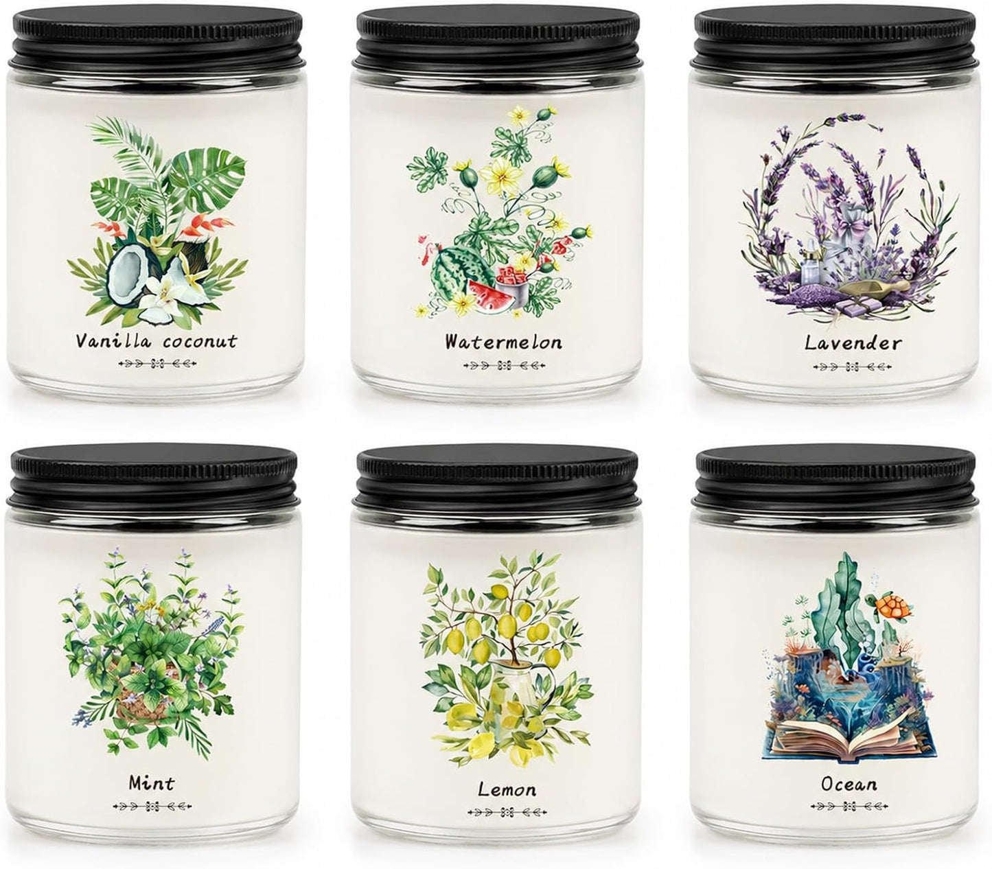 6 Pack Scented Candles Gift Set for Women, Soy Wax Jar Candles for Home, 37.8 oz Total Up to 300 Hours Burn Time, Fresh Scents - Lavender Lemon Mint Ocean Watermelon Vanilla Coconut