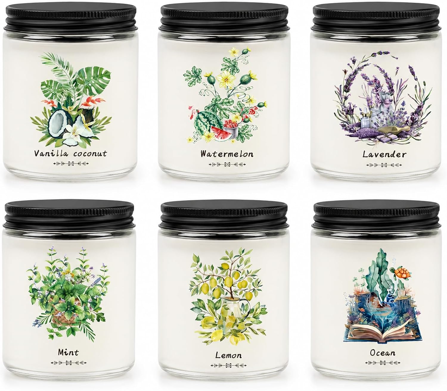 6 Pack Scented Candles Gift Set for Women, Soy Wax Jar Candles for Home, 37.8 oz Total Up to 300 Hours Burn Time, Fresh Scents - Lavender Lemon Mint Ocean Watermelon Vanilla Coconut