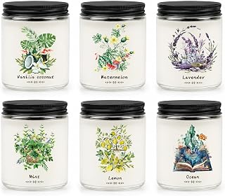 6 Pack Scented Candles Gift Set for Women, Soy Wax Jar Candles for Home, 37.8 oz Total Up to 300 Hours Burn Time, Fresh Scents - Lavender Lemon Mint Ocean Watermelon Vanilla Coconut