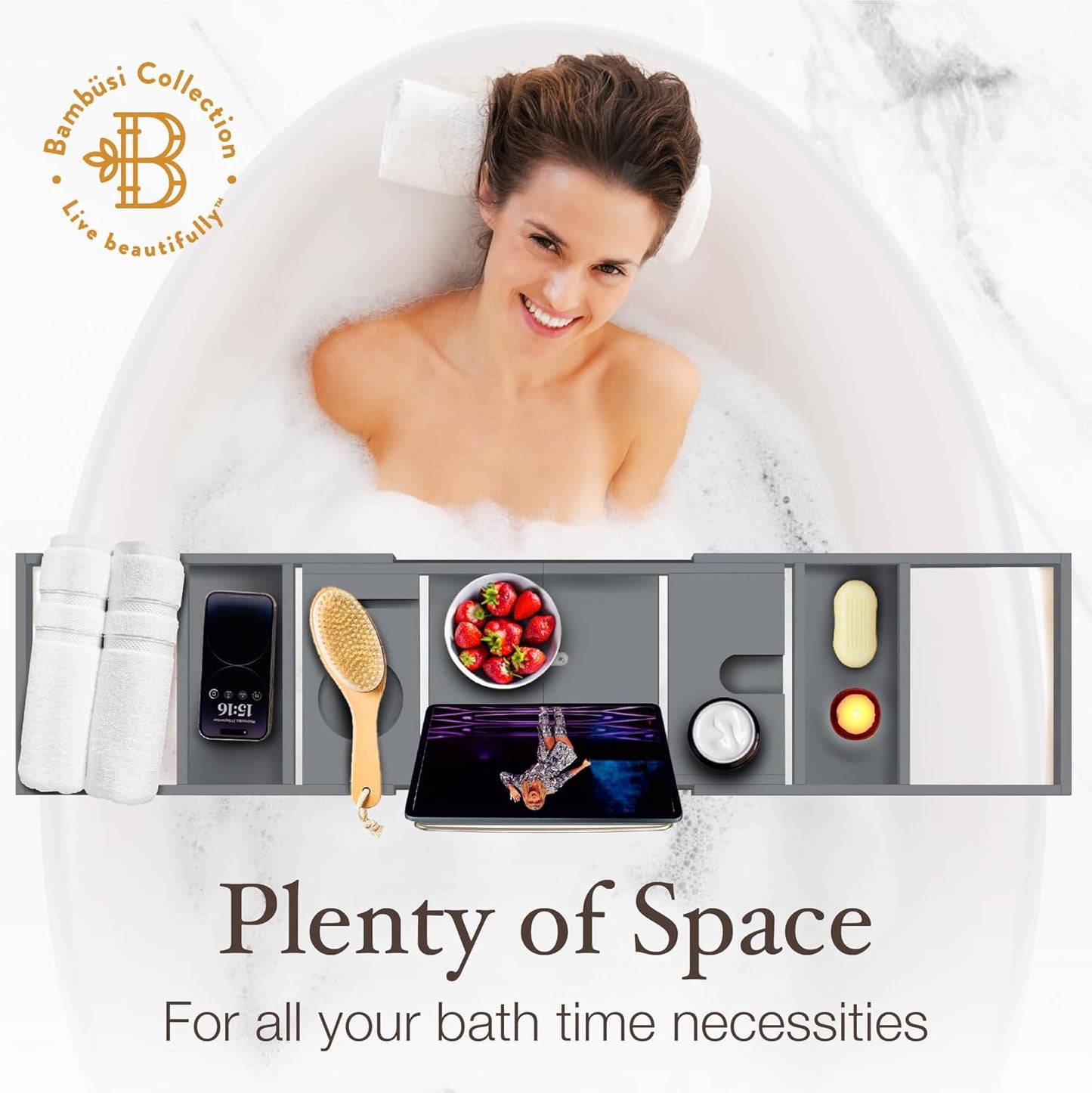 Bamboo Bathtub Tray Caddy - Expandable Wooden Bathroom Tray - Adjustable Bathroom Tray for Tub - Luxury Bath Caddy Tub Table - Gift Idea for Loved Ones (Grey)