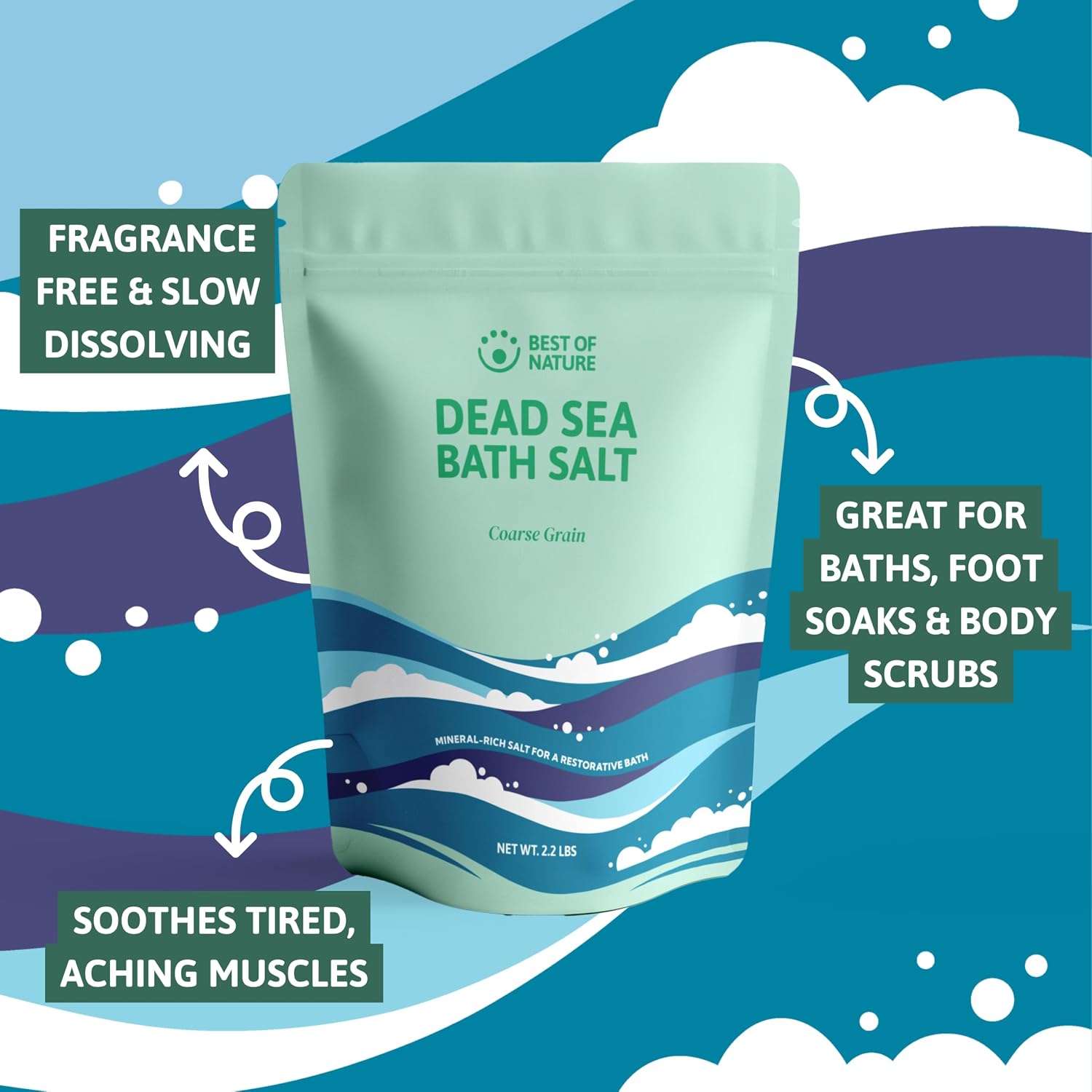 Best of Nature Dead Sea Salt 2.2 lb Coarse Grain Bath Soak Salt, Mineral-Rich Crystals, Resealable Bag, Made in the USA