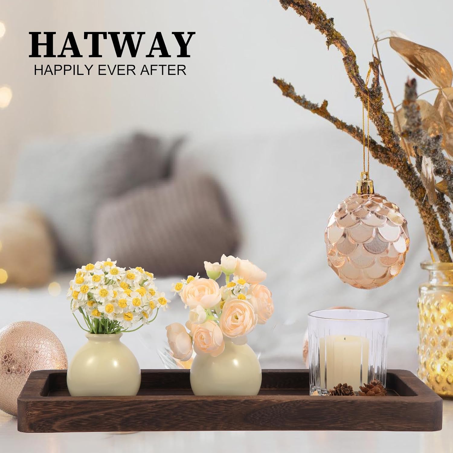 Hatway Wooden Decorative Tray Candle Holder Long Wood Tray Home Decor,Centerpieces Plates for Table centerpieces for CoffeeTable,Christmas Decor