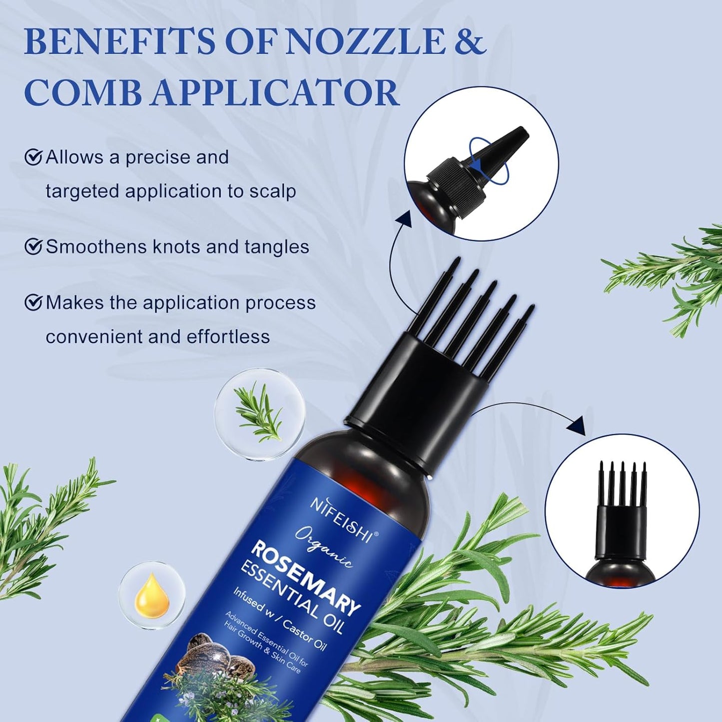 Rosemary Essential Oil for Hair Growth, Scalp Massage and Body - 120ml Pure Organic Infusion with Castor Oil, Improves Blood Circulation, Reduces Hair Loss