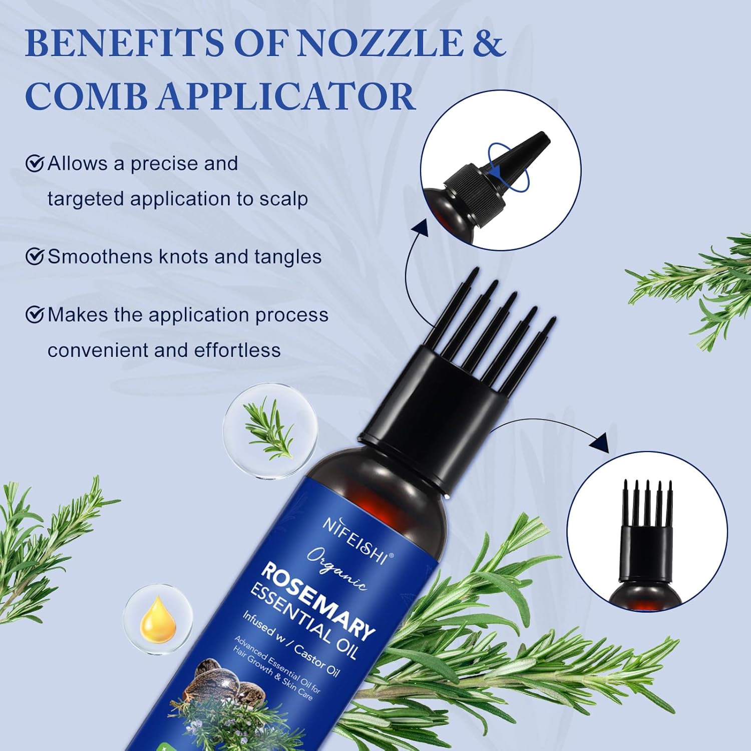 Rosemary Essential Oil for Hair Growth, Scalp Massage and Body - 120ml Pure Organic Infusion with Castor Oil, Improves Blood Circulation, Reduces Hair Loss