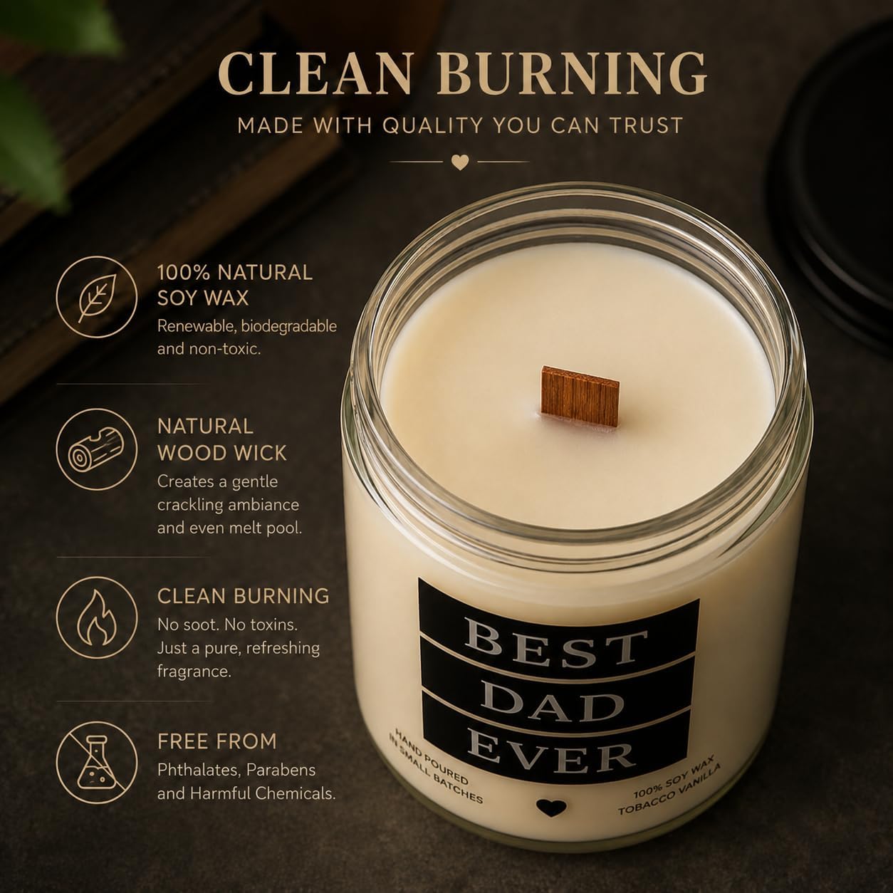 Best Dad Ever Candle, Tobacco Vanilla Scented Candle for Dad with Crackling Wood Wick, 100% Soy Wax Candle, Hand Poured Masculine Fragrance