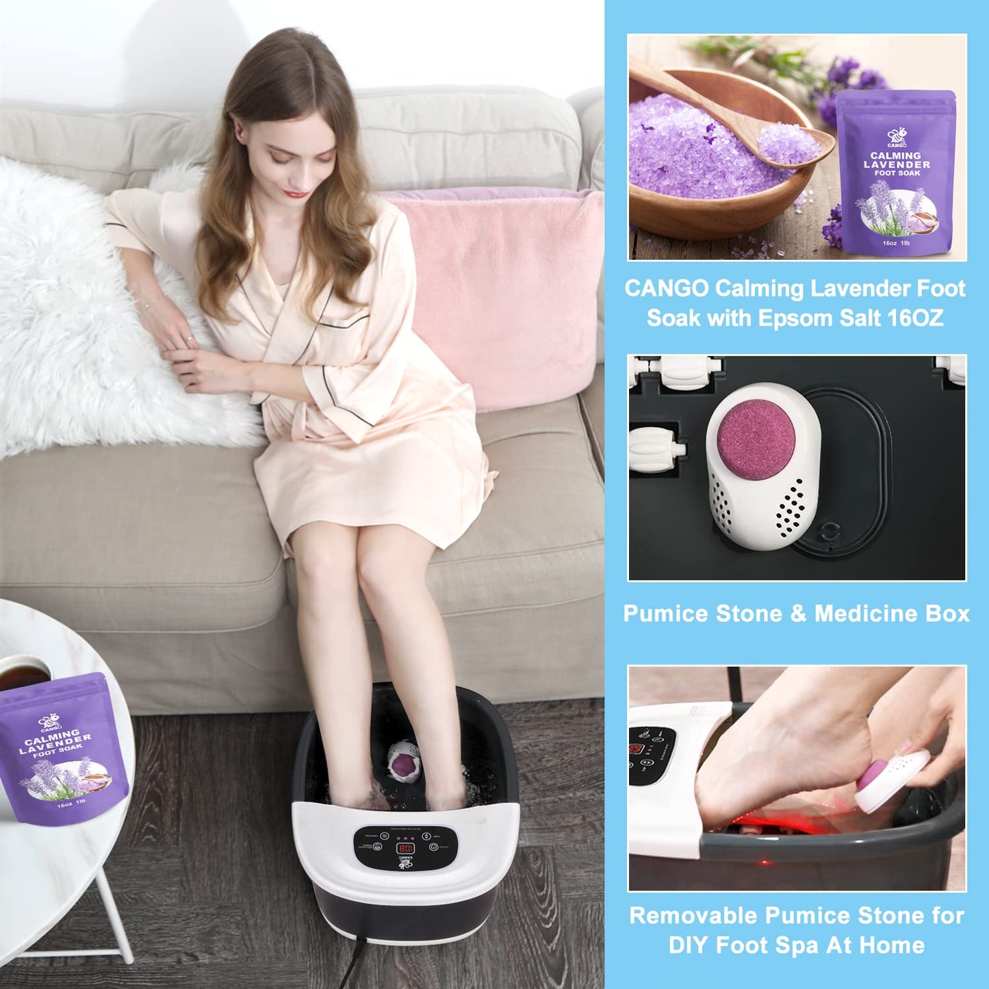 Foot Spa Bath Massager with Heat Bubbles and Vibration Massage and Jets, 16 OZ Calming Lavender Foot Soak Epsom Salt, CANGO Foot Soaker With Infrared Light, 22 Massage Rollers, Adjustable Temp - Black