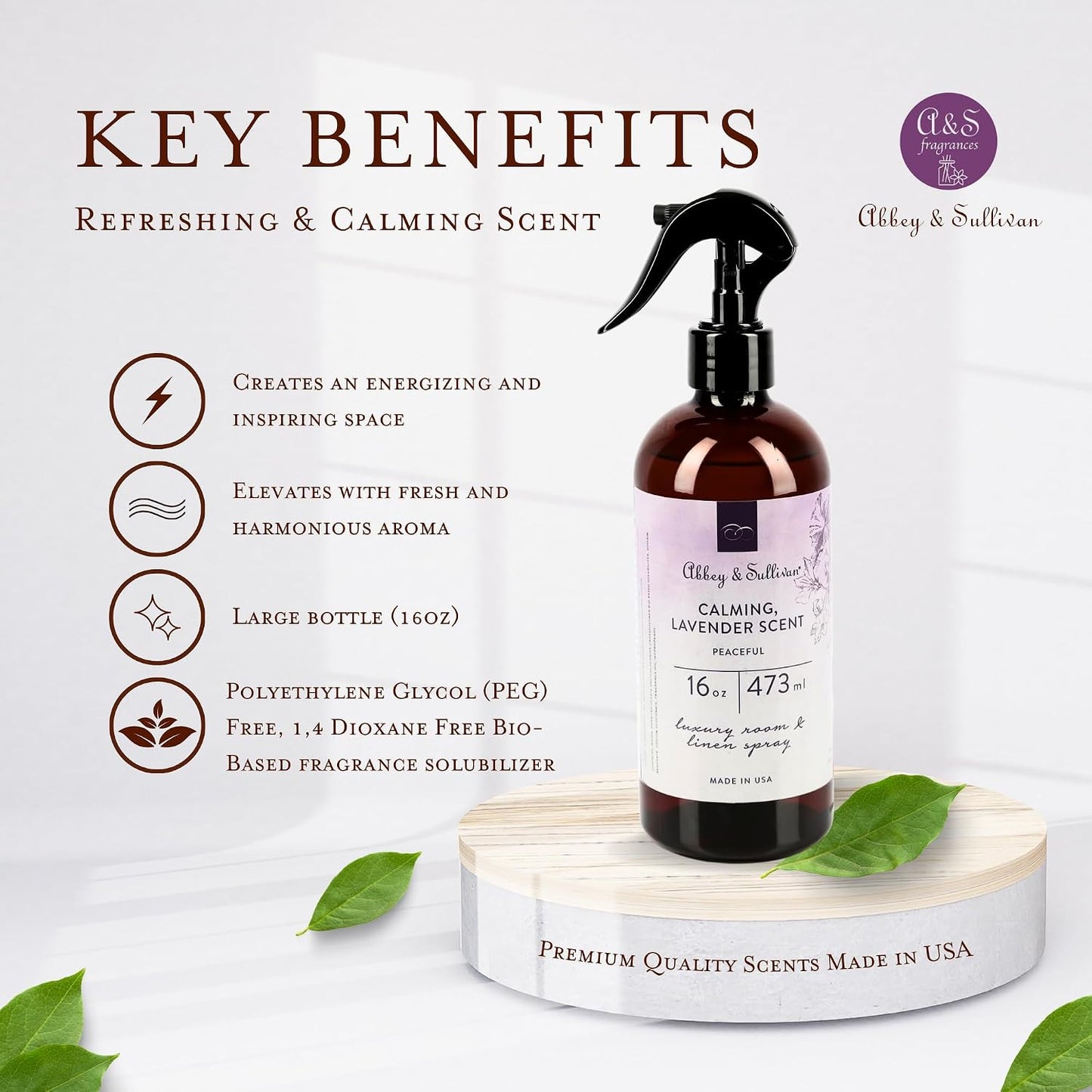 Abbey & Sullivan Odor Eliminating and Refreshing Linen and Room Spray, Peaceful, 16 oz