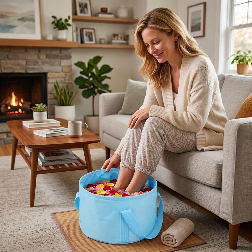 Foldable Bucket for Soaking Feet, Portable Foot Bath Basin, Travel Foot Soaking Tub with Handles, Blue Foot-Spa Soaking-Tub for Home, Travel, Outdoor and Camping (14 L/11x7.5 Inch)