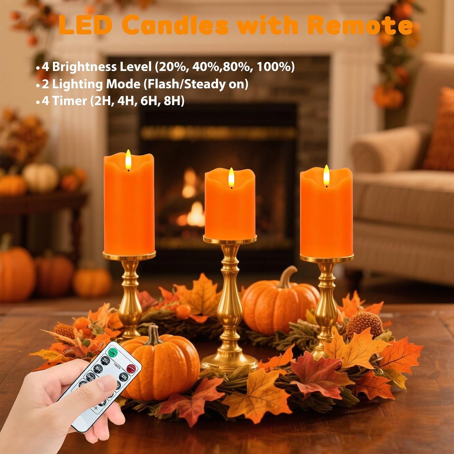 Flameless Candles Lights, Set of 3 Orange Flickering LED Candles with Remote & Timer, Dimmable LED Pillar Candles Battery Operated, Electric Candles for Fall Halloween Thanksgiving Decor (Orange)