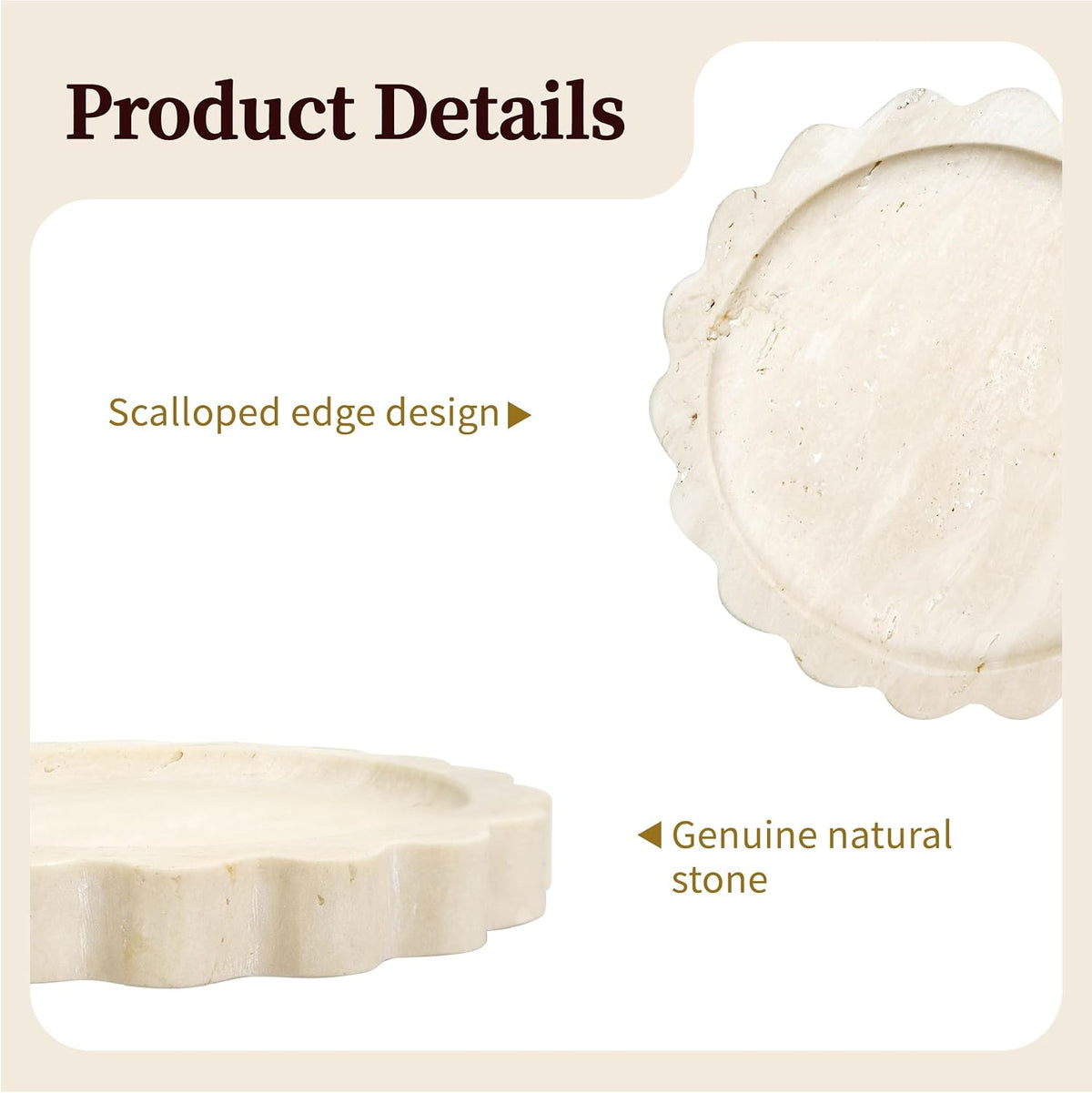 5.5 Inch Small Scallop Edge Tray, Hand-Carved Natural Stone Jewelry Holder, Travertine &amp; Marble Vanity Tray for Rings, Candles, or Keys (Travertine)