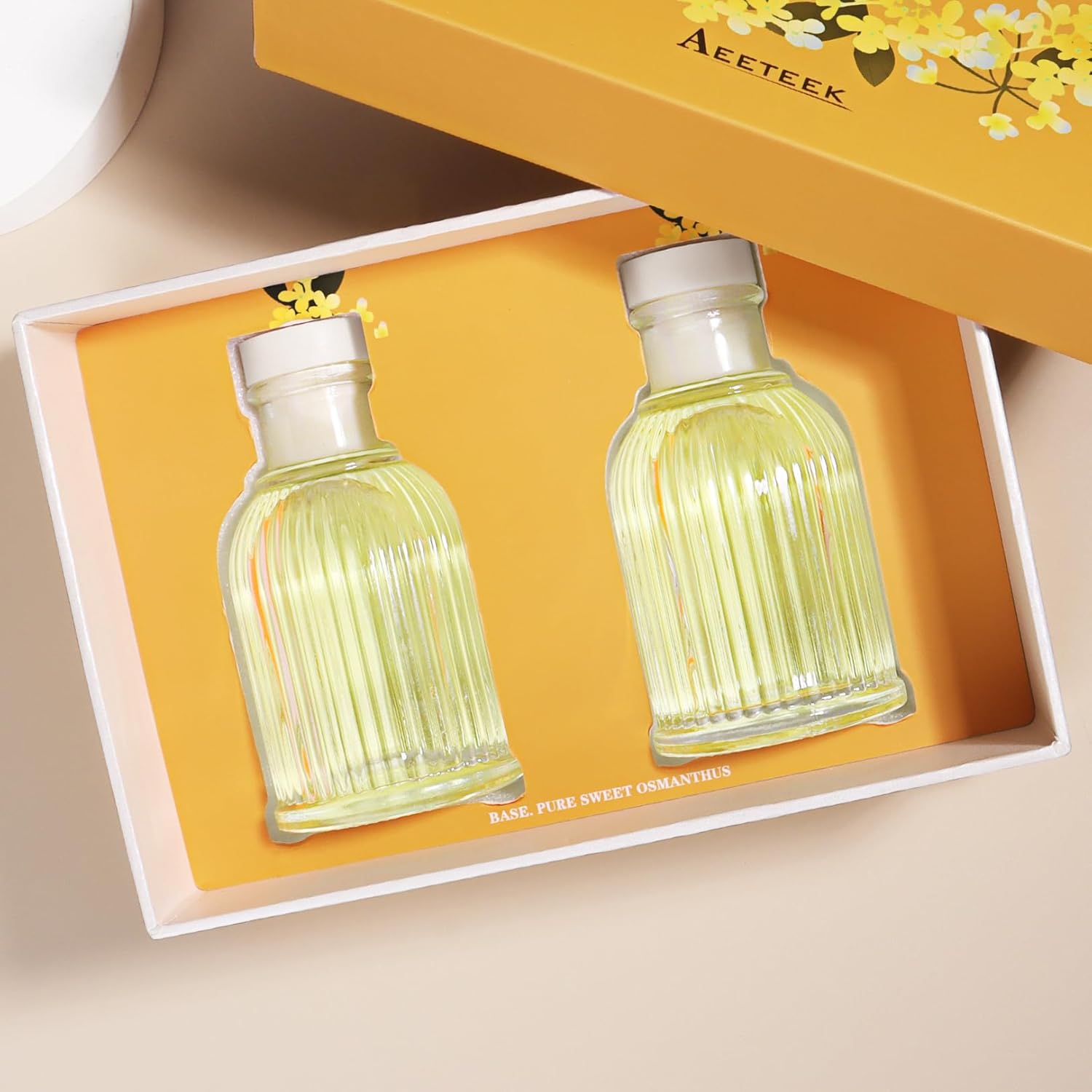 2-Pack Osmanthus Reed Diffuser Set, Kumquat Aroma Essential Oils, Amber Scented Oil Home Fragrance with 10pcs Sticks, Aromatherapy Air Freshener for Room Shelf Bathroom Decor