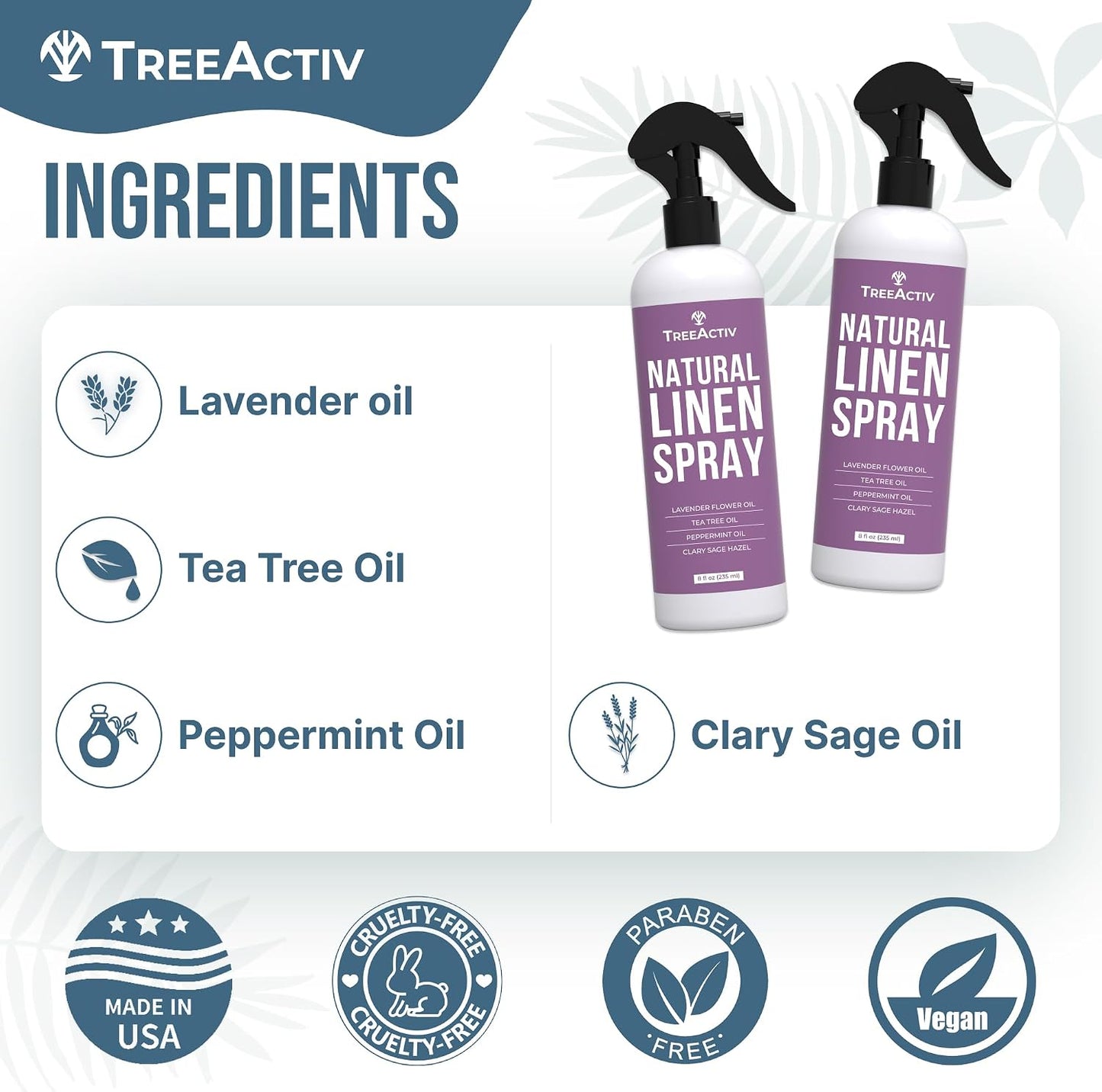 TreeActiv Natural Linen Spray, 8 fl oz, Lavender for Sleep, Beddings, Pillows, and Sheets With Tea Tree, Pillow Mist Freshener, 2000+ Sprays