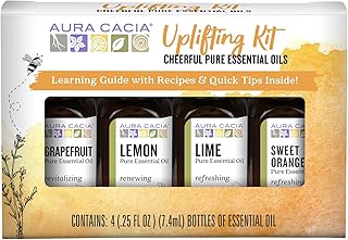 Aura Cacia Cheerful Pure Essential Oils Uplifting Kit, 0.25 fl oz 4-Pack, Grapefruit, Lemon, Lime, Sweet Orange Aromatic Oils