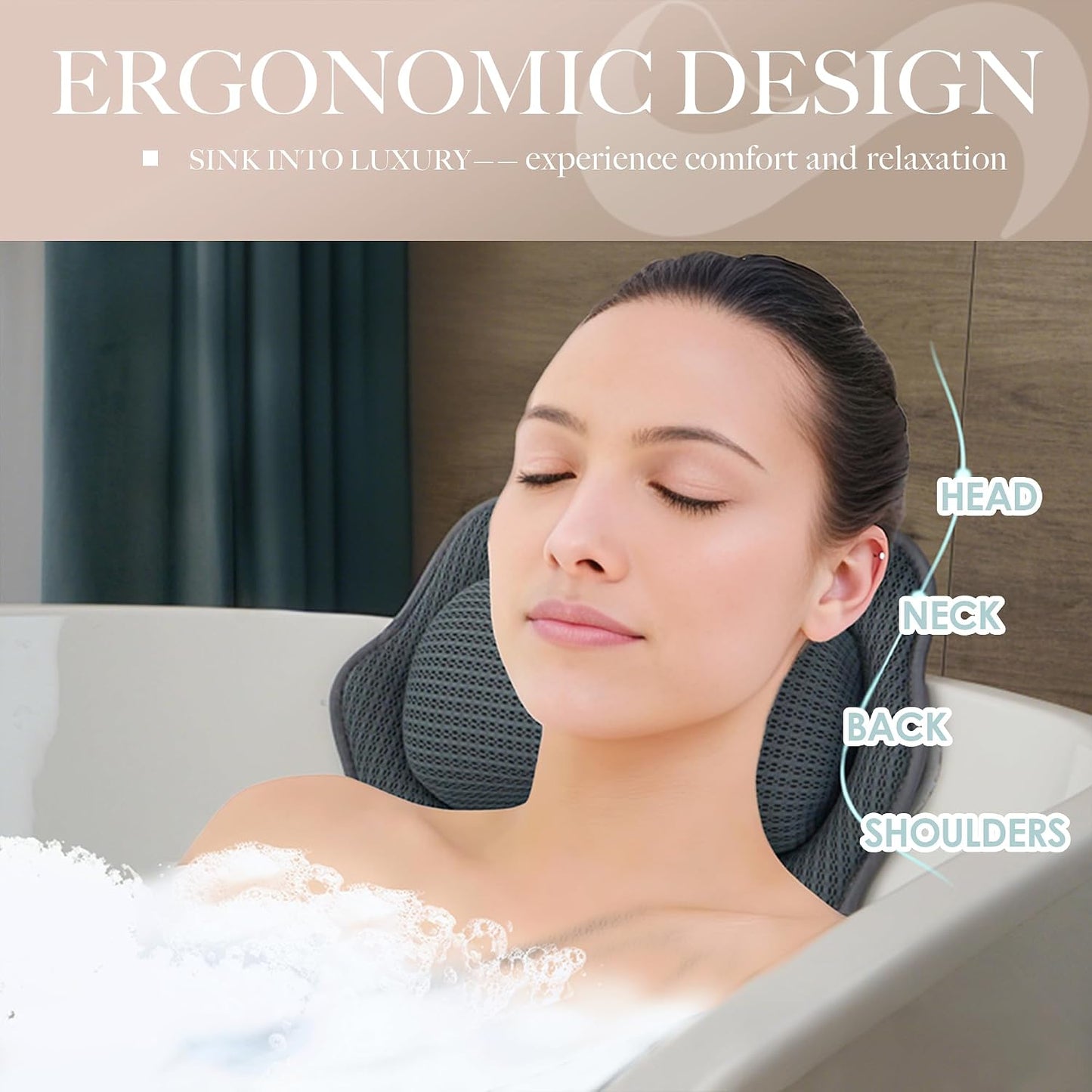 Bath Pillows for Tub – Luxury Bath Pillow & Bathtub Pillow with 6 Strong Suction Cups, Soft Cushion for Head and Neck Support, Relaxing Bath Accessories for Women (Gray)