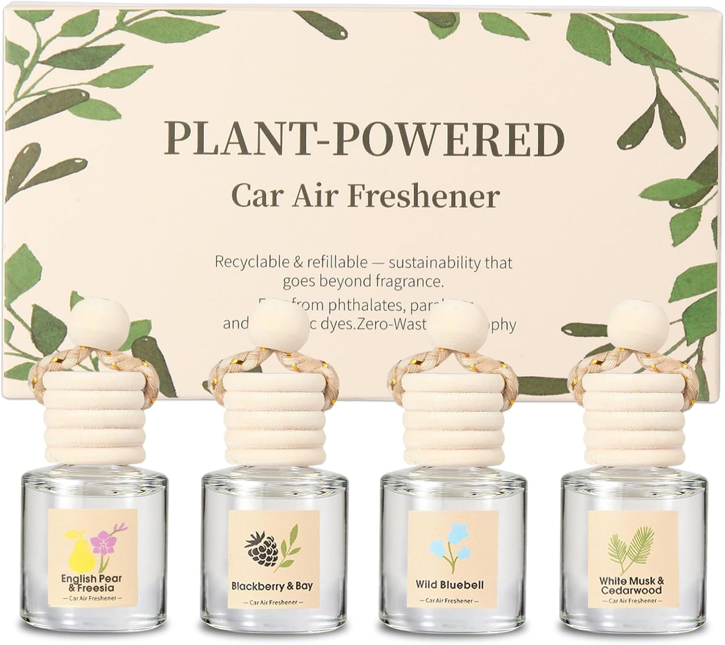 Hanging Car Air Freshener 4-Pack, Essential Oil Car Diffuser for Rearview Mirror, Aesthetic Auto Decor & Odor Eliminator Set (Autumn Pear, Woodland Bluebell, Dark Berry, Cedarwood)