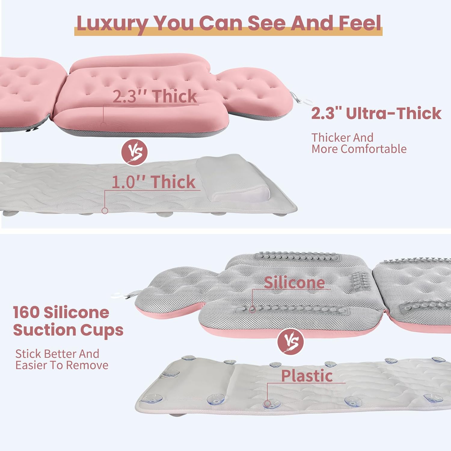 Luxury Bath Cushion, Full Body Bathtub Pillow with 160 Suction Cups, Bath Mat for Head and Neck Support, with Laundry Bag (​Light Pink, 51" x 16")