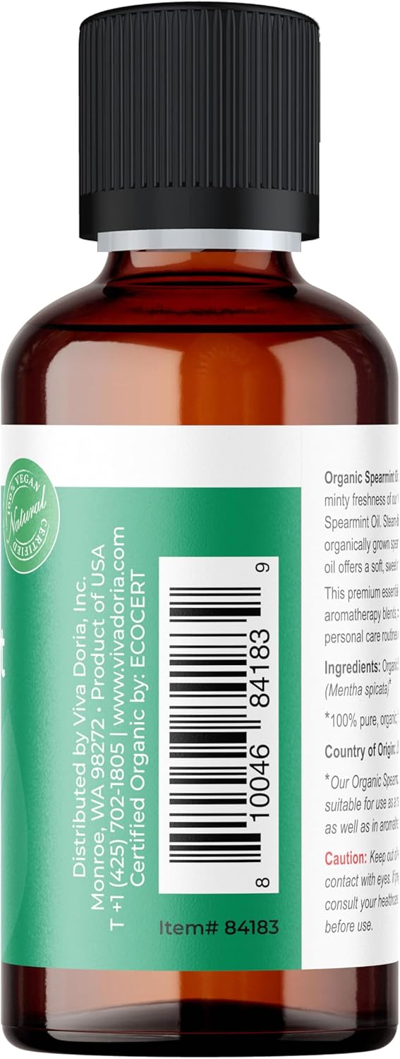 Viva Doria Spearmint Essential Oil, USDA Certified, Organic Spearmint Oil, 100% Pure, Natural Essential Oil, Undiluted, for Aromatherapy | Food Grade, 30 mL (1 Fluid Ounce)