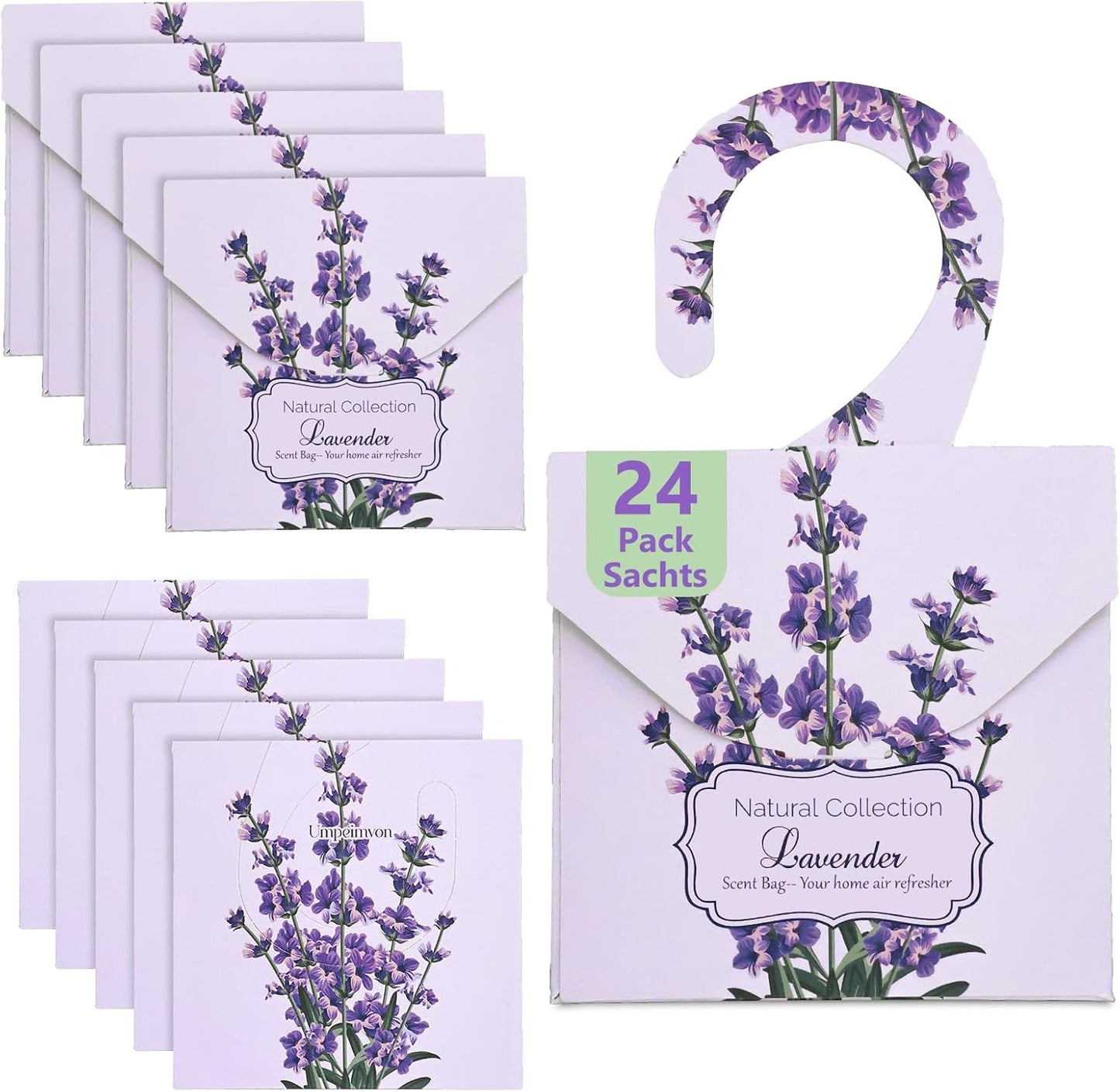 24 Pack Lavender Sachets, Natural Closet Freshener Drawer Sachets Hanging Home Fragrance Long Lasting with 10 Hanging Bags