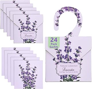 24 Pack Lavender Sachets, Natural Closet Freshener Drawer Sachets Hanging Home Fragrance Long Lasting with 10 Hanging Bags