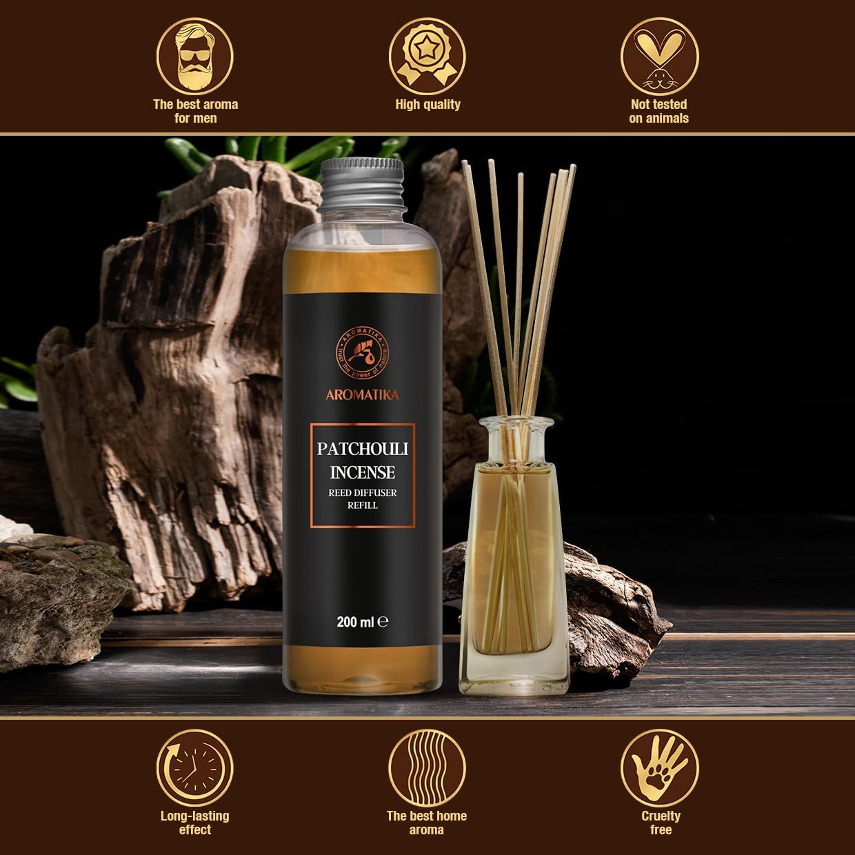 Reed Diffuser Refill Patchouli-Frankincense 6.8Fl Oz - Aroma Refill for Reed Diffuser - Long Lasting Home Fragrance - Air Freshener - Warm Scent - Aromatherapy - Home Decor - Air Diffuser