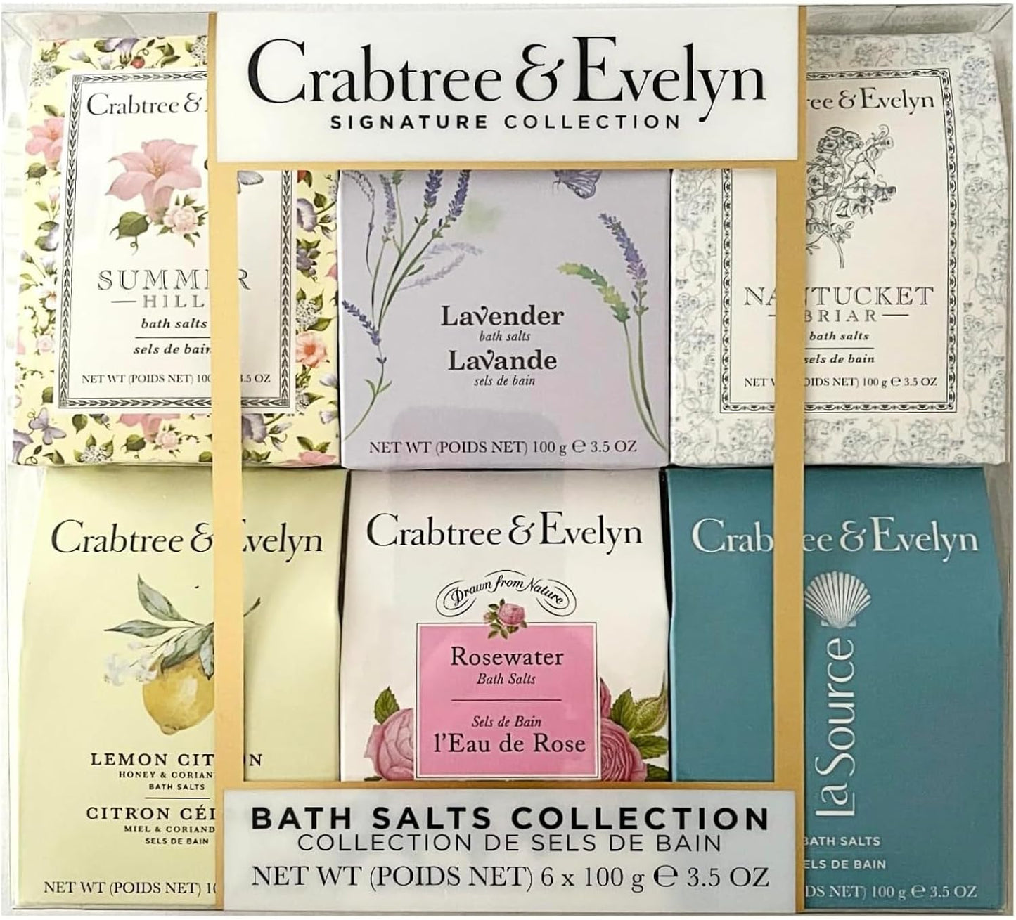Crabtree & Evelyn Bath Sea Salts Aromatherapy Spa Variety (Summer Hill, Lavender, Nantucket Briar, LaSource, Rosewater, Lemon Citron) 6 X 3.5 oz