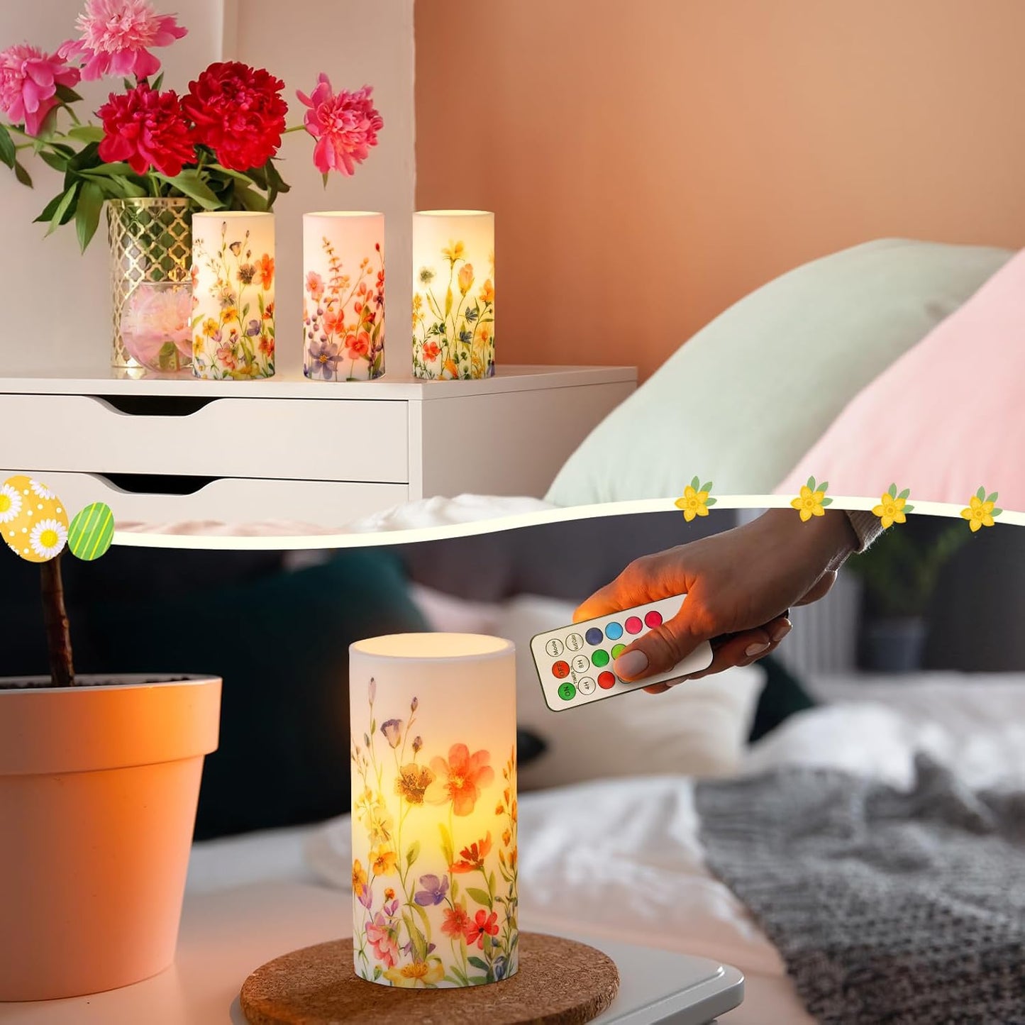 Retisee 3 Pcs Spring Wildflower Flameless Candles Spring Floral Battery Operated Flickering LED Candles with Remote Floral Gifts Decoration for Easter Wedding Table Centerpieces Home Living Room Decor