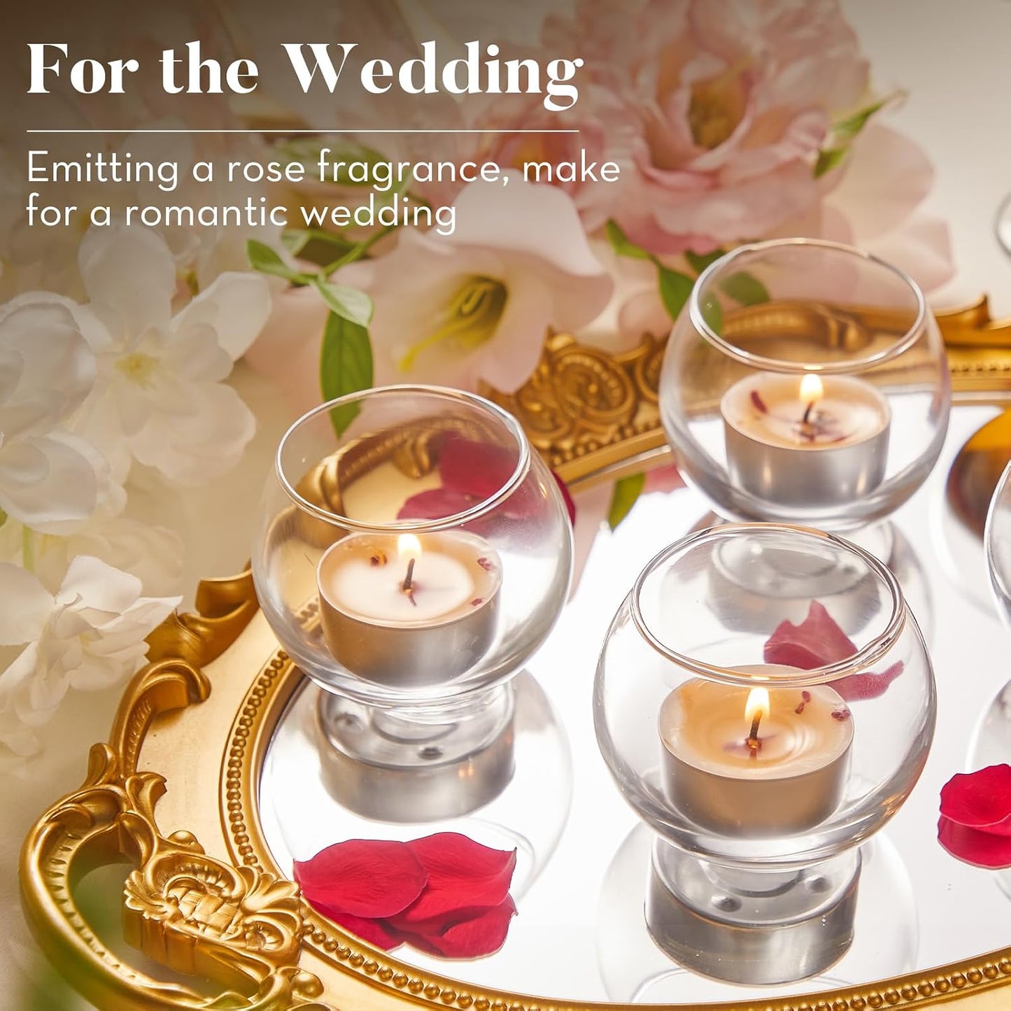 48 Pack Rose Scented Tealight Candles with Real Petals, Natural Soy Wax 6H Burn Time, Non-Toxic Smokeless Scented for Bath, Wedding, Decor
