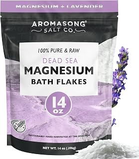 Aromasong RAW Magnesium Bath Flakes with 100% Natural Lavender, 14 Oz. Muscle Relaxing Organic Salts Mg Chloride, Mineral Soak Salt.