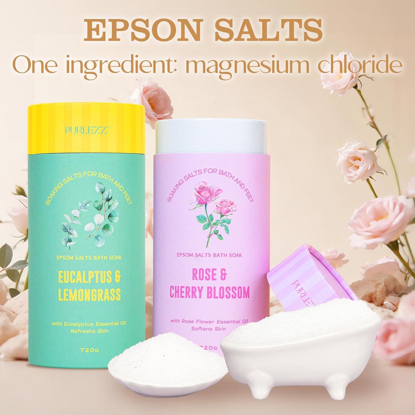 Gifts for Women Floral Epsom Salt Gift Set Spa Gift Basket, Self Care Salt | Epsom Bath Salts Gift Basket Set Bath Salt in Elegant Box, Gifts for Mom, Her, cherry blossom, Eucalyptus, Lemongrass, Rose