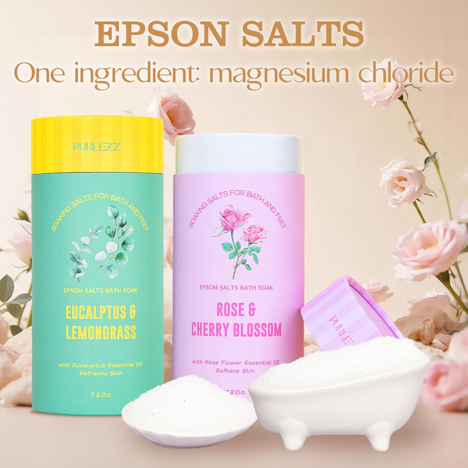 Gifts for Women Floral Epsom Salt Gift Set Spa Gift Basket, Self Care Salt | Epsom Bath Salts Gift Basket Set Bath Salt in Elegant Box, Gifts for Mom, Her, cherry blossom, Eucalyptus, Lemongrass, Rose